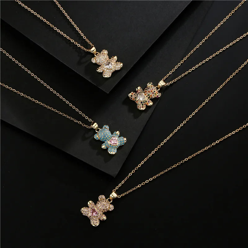 Double-layered necklaces for women -Fashion Copper Micro-Inlaid Color Zirconium Turquoise Heart Bear Pendant Necklace