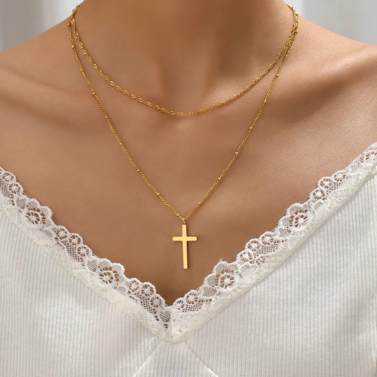 Tennis necklaces for women -Simple Style Geometric Cross Titanium Steel Layered Plating 18k Gold Plated Double Layer Necklaces