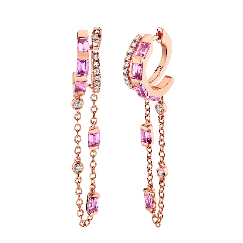 Diamond hoop earrings for women -PINK SAPPHIRE DOUBLE MIXED FRINGE HUGGIES