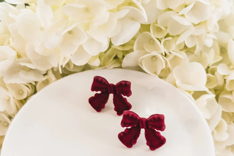 Double-sided earrings for women -Beautiful Velvet Burgundy Bow Earrings