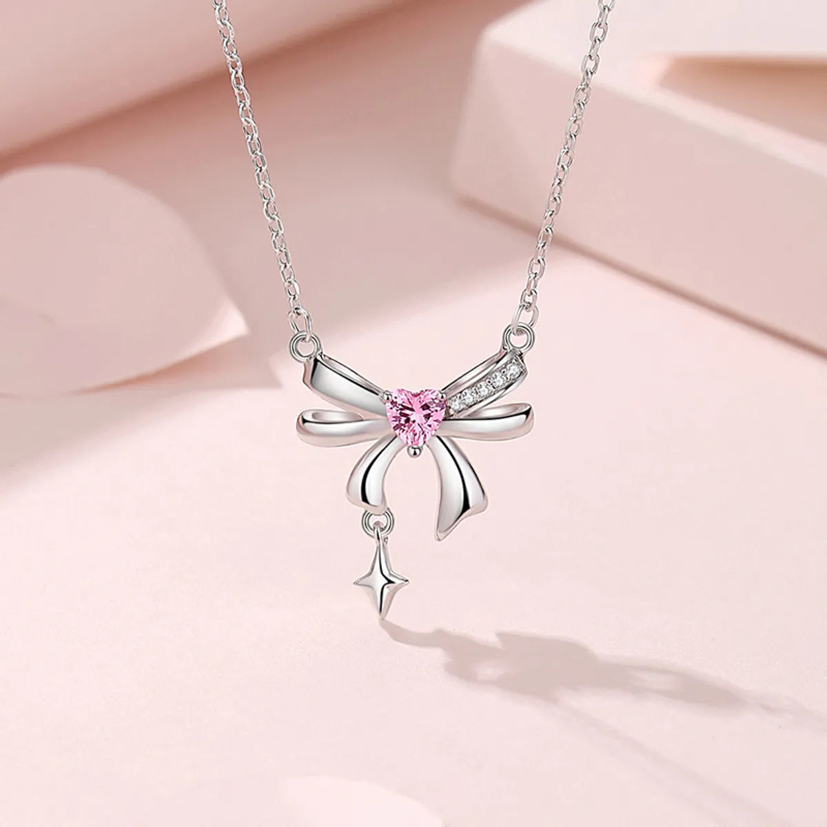 High-quality gemstone necklaces for women -Sweet Simple Style Tassel Heart Shape Bow Knot 925 Silver Zircon Pendant Necklace