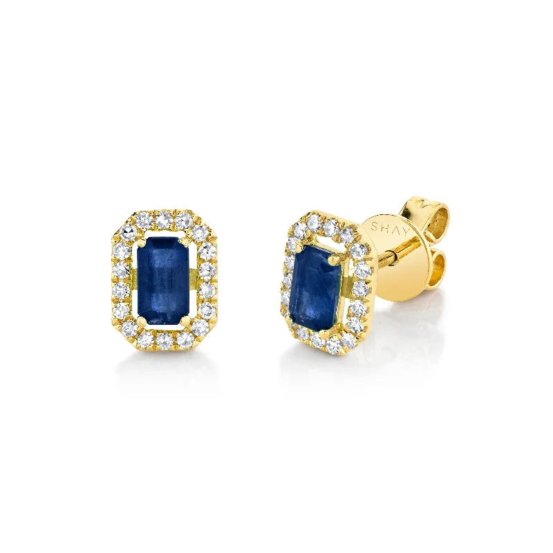 Art deco earrings for women -READY TO SHIP MINI ME DIAMOND HALO BLUE SAPPHIRE STUDS