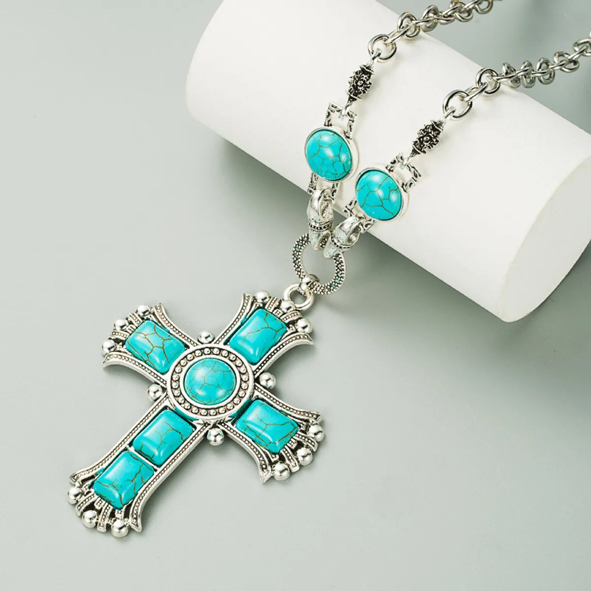 Double-strand necklaces for women -Retro Exaggerated Cross Shape Multi-layer Alloy Inlaid Turquoise Necklace