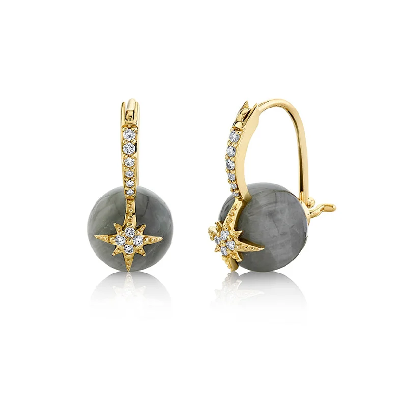 Silver drop earrings for women -Gold & Diamond Starburst Grey Cat's Eye Earrings