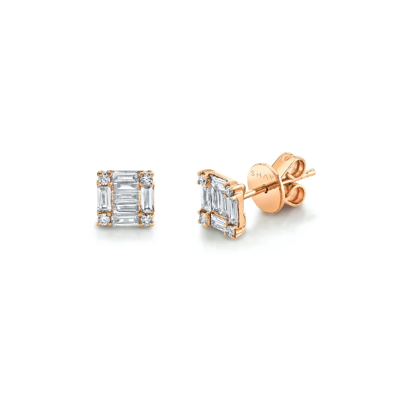 Sparkly hoop earrings for women -SINGLE DIAMOND SQUARE STACKED BAGUETTE STUD