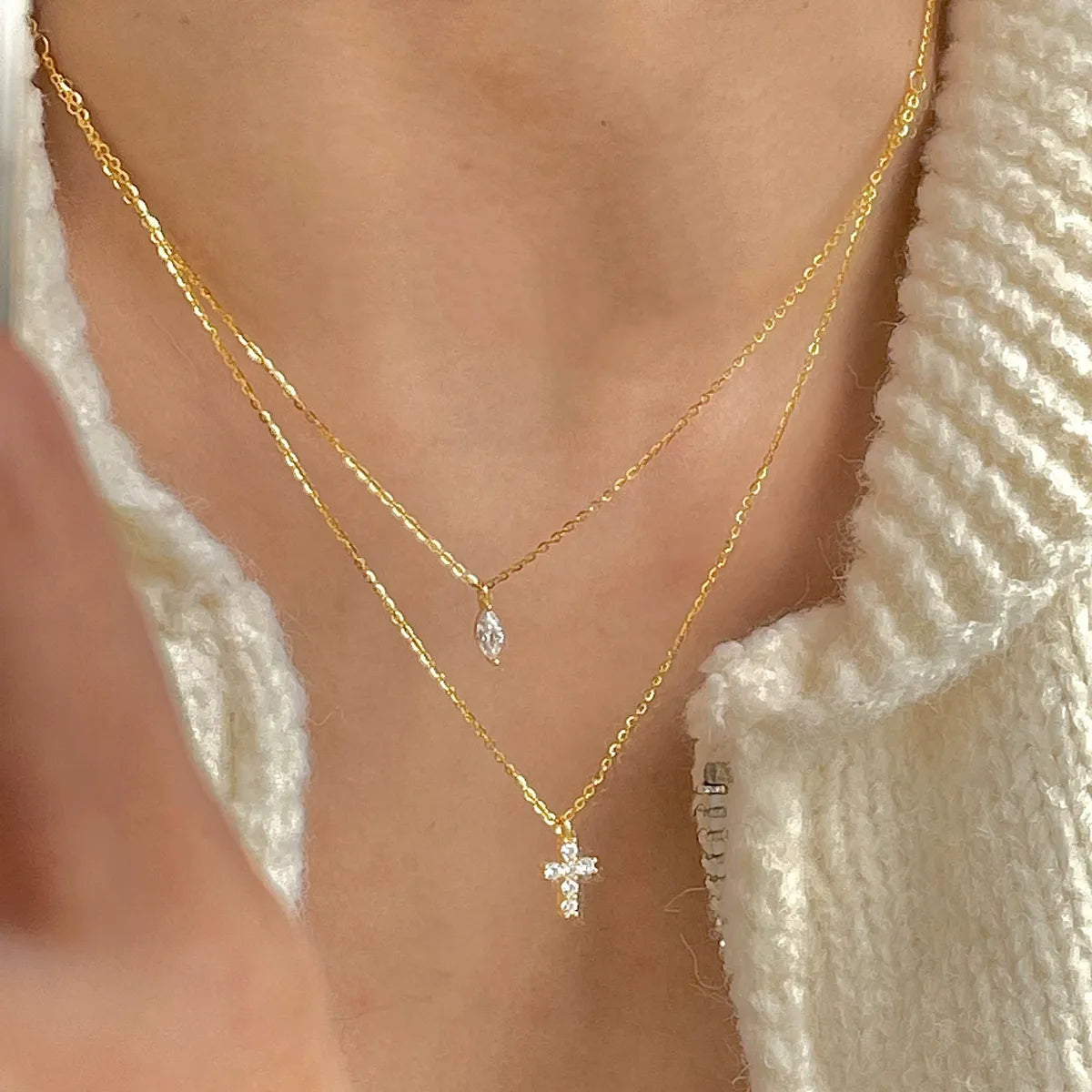 Stylish necklaces for women -Modern Style Cross Sterling Silver Zircon Double Layer Necklaces In Bulk