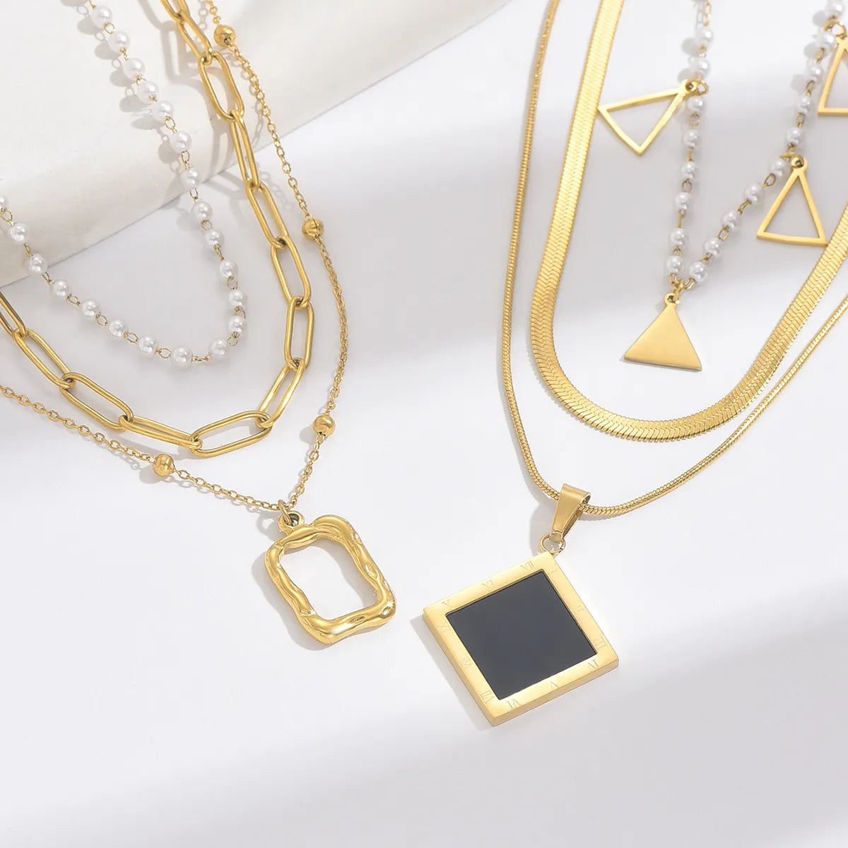 Custom gemstone necklaces for women -Elegant Simple Style Roman Style Triangle Square Roman Numeral Stainless Steel Pearl Plating Inlay Acrylic 14k Gold Plated Three Layer Necklace