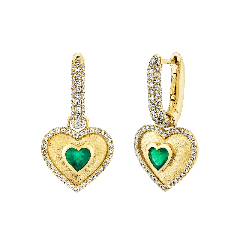 Stackable earrings for women -EMERALD & DIAMOND PAVE LINK HEART EARRINGS