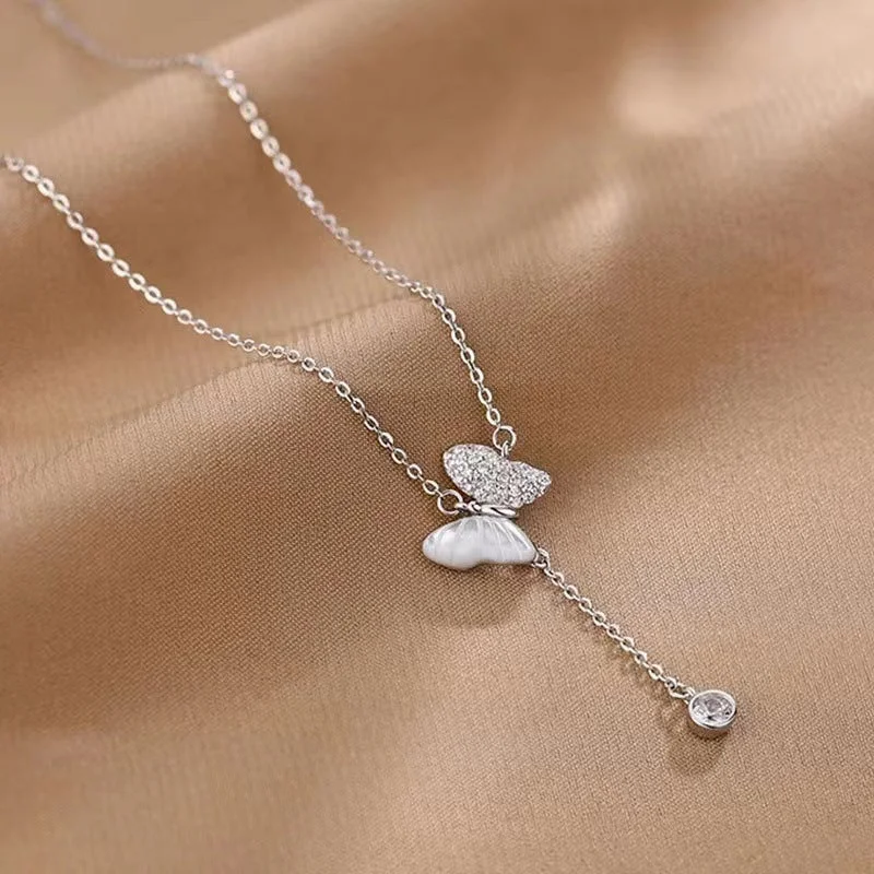 Tassel White Shell Butterfly Necklace White Gold Color