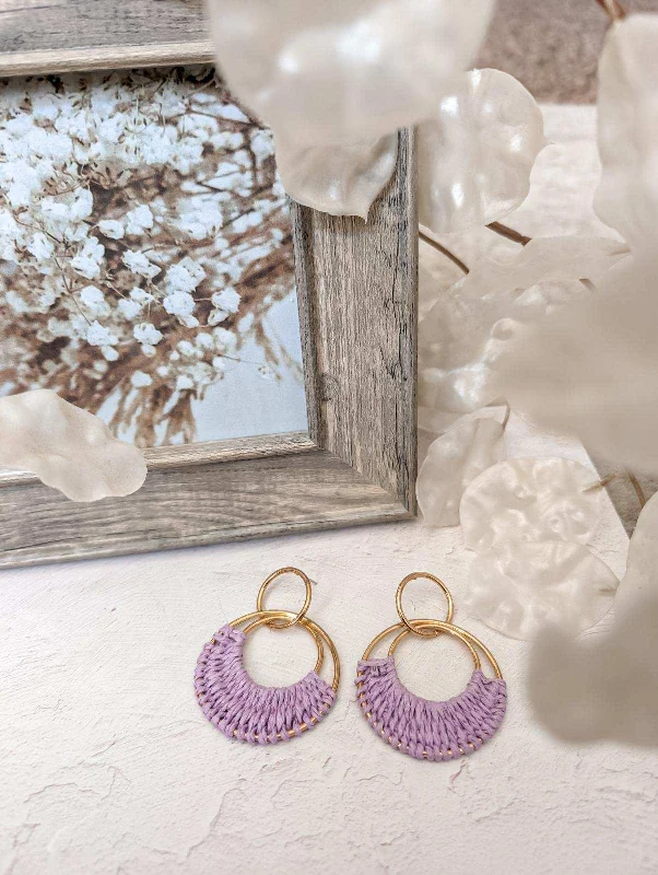 Luxury earrings for women -Beautiful Purple Raffia Hoop Earrings