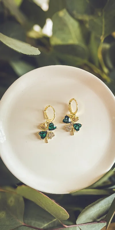 Elegant earrings for women -Beautiful Gold and Emerald Shamrock Earrings