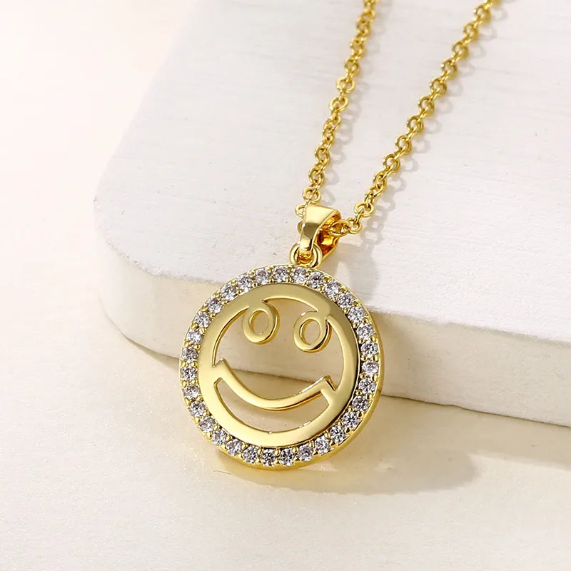 Romantic necklaces for women -Stainless Steel 18K Gold Plated Cute Modern Style Plating Inlay Smile Face Zircon Pendant Necklace