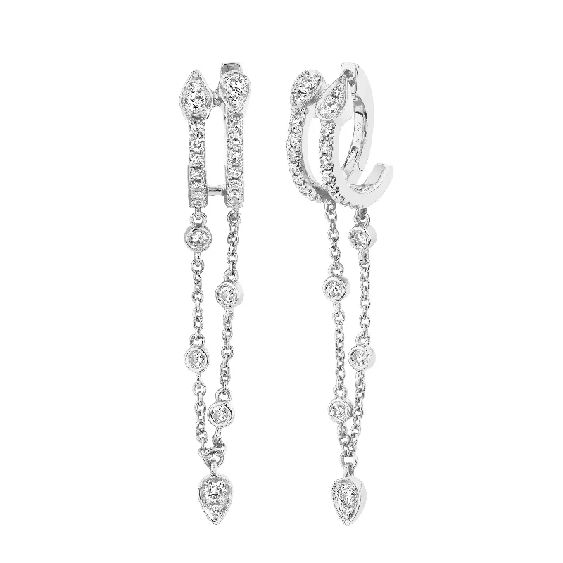 Custom diamond earrings for women -READY TO SHIP DIAMOND DOUBLE  FRINGE PEAR DROP HUGGIES