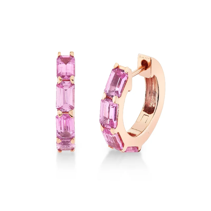 Drop hoop earrings for women -READY TO SHIP PINK SAPPHIRE BEZEL HUGGIES