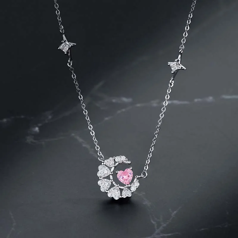 Birthstone pendant necklaces for women -Lady Star Heart Shape Sterling Silver Inlay Artificial Gemstones Pendant Necklace