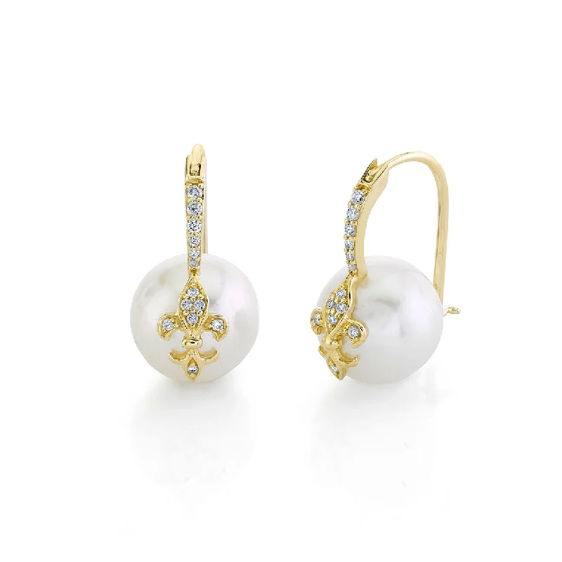 Fine diamond earrings for women -Gold & Diamond Fleur de Lis Pearl Earrings