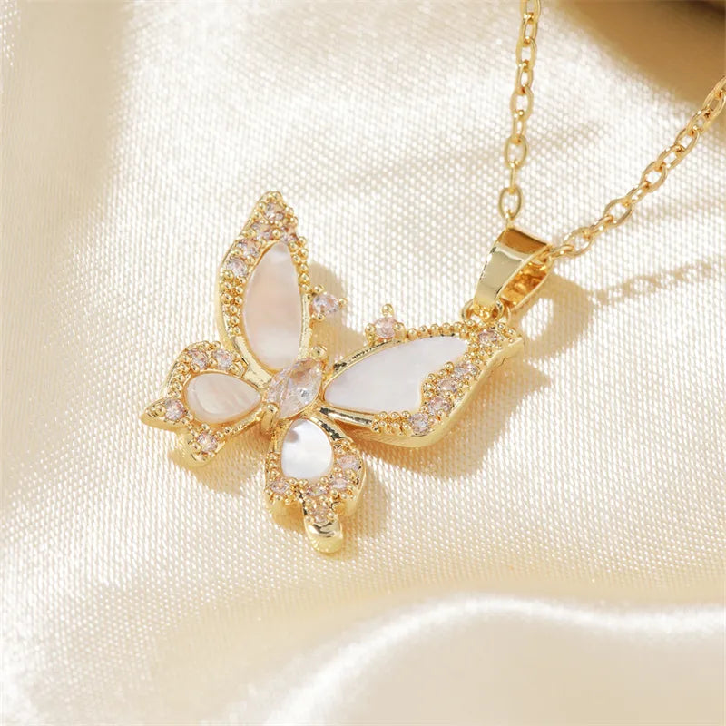 Designer necklaces for women -304 Stainless Steel Copper K Gold Plated Casual Vacation Sweet Three-Dimensional Inlay Butterfly Shell Zircon Pendant Necklace