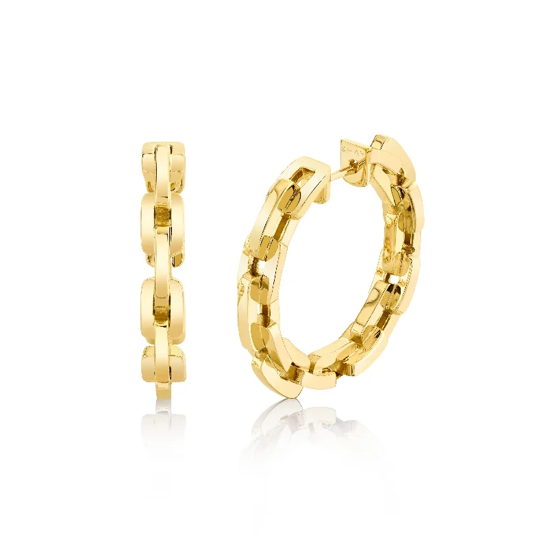 Minimal gold earrings for women -SOLID GOLD MINI DECO LINK HOOPS