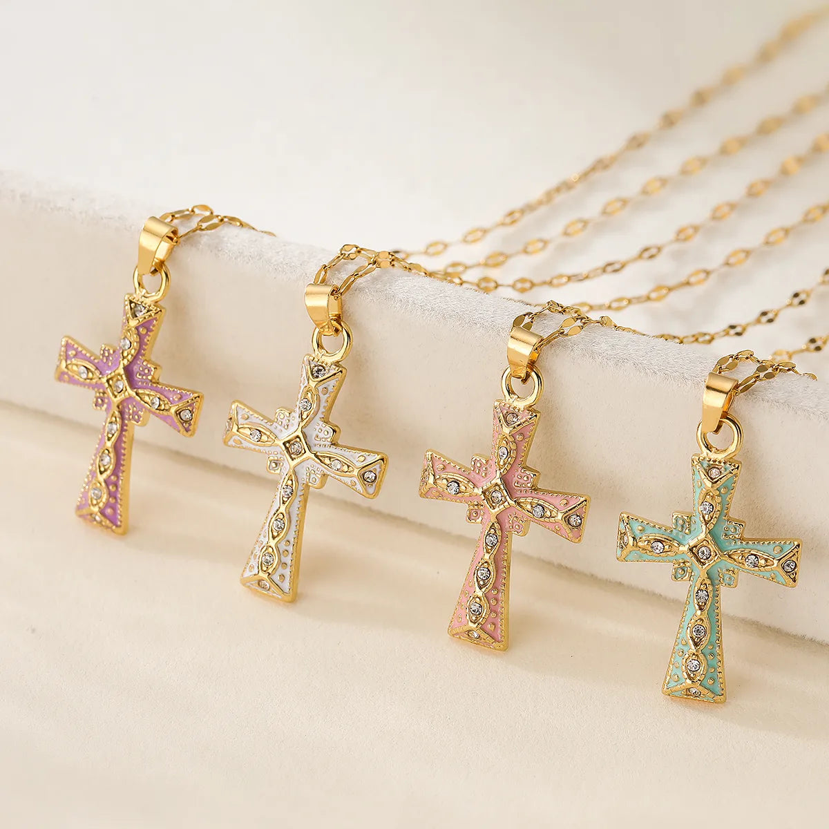 Birthstone necklaces for women -Copper 18K Gold Plated Classic Style Commute Enamel Plating Inlay Cross Zircon Pendant Necklace