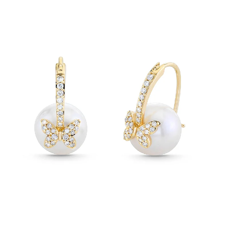 Statement gemstone earrings for women -Gold & Diamond Butterfly Pearl Earrings