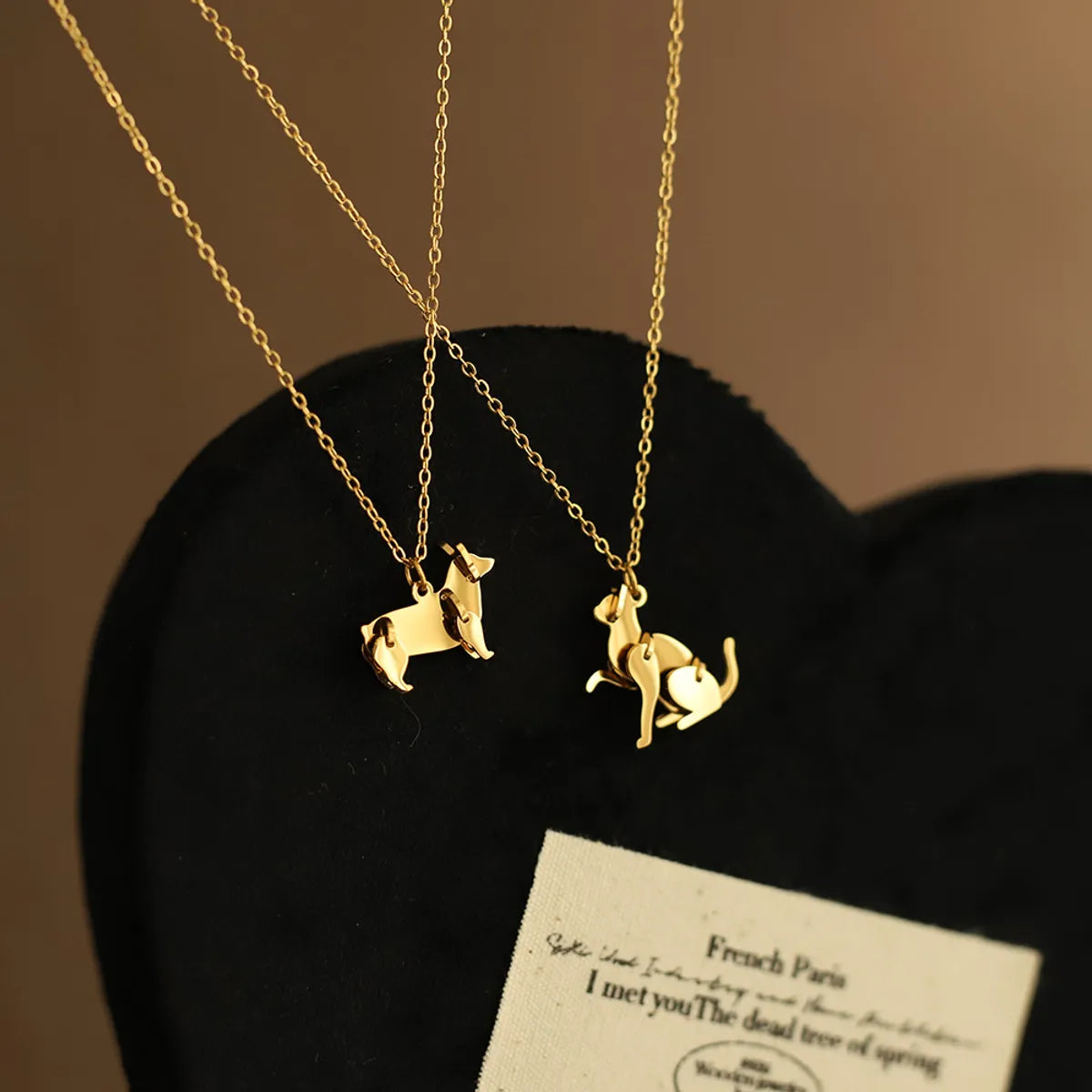 Double pendant necklaces for women -Titanium Steel Gold Plated Cute Dog Asymmetrical Pendant Necklace