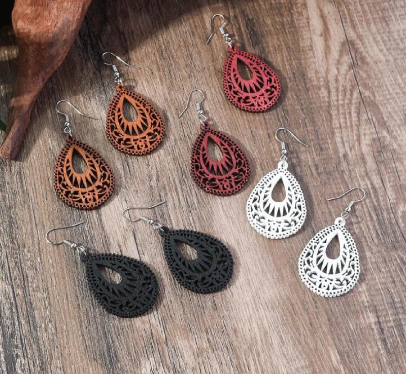 Statement earrings for women -Set of Four Beautiful Carved Wood Earrings