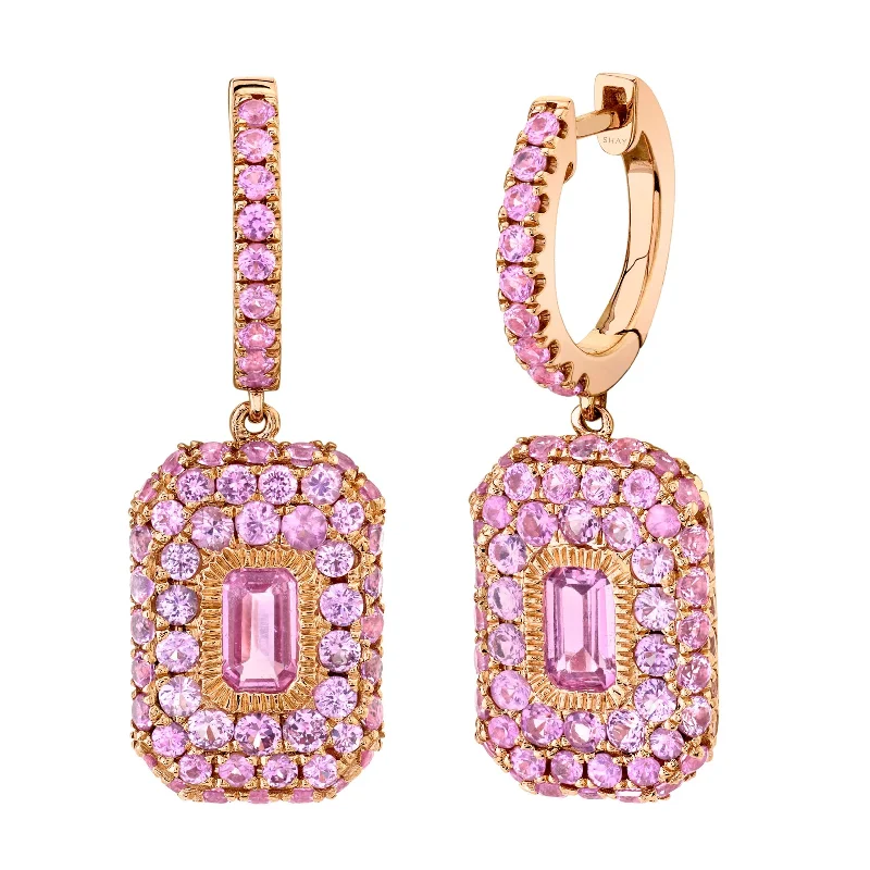 Pearl earrings for women -PINK SAPPHIRE PAVE BAGUETTE DROP EARRINGS