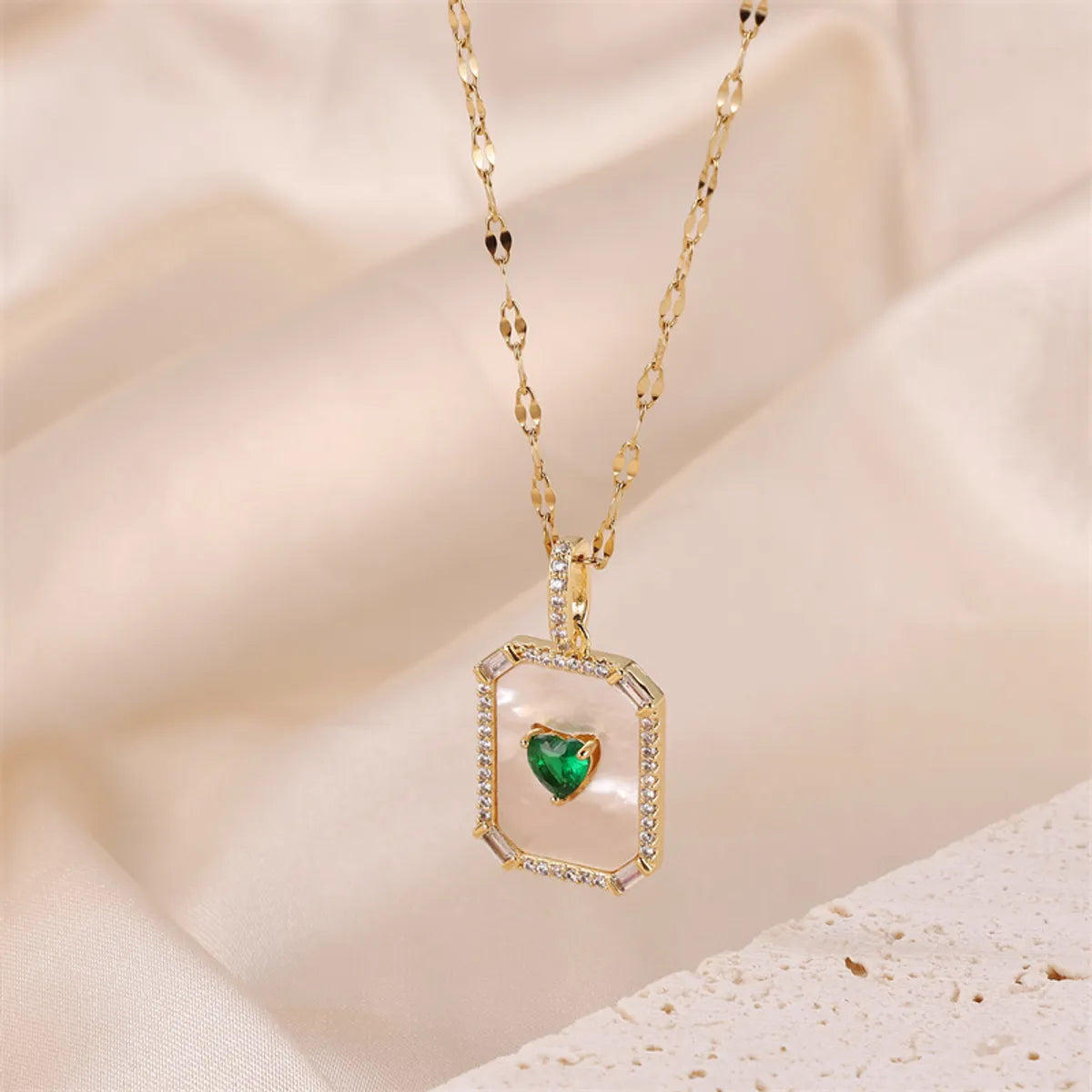 Sparkly necklace pendants for women -Stainless Steel Titanium Steel Elegant Simple Style Heart Shape Rectangle Plating Inlay Natural Stone Shell Zircon Pendant Necklace