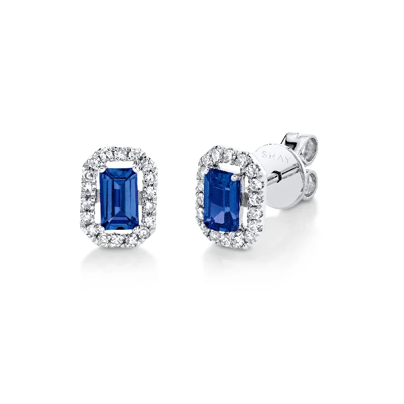 Minimalist earrings for women -MINI ME DIAMOND HALO BLUE SAPPHIRE STUDS