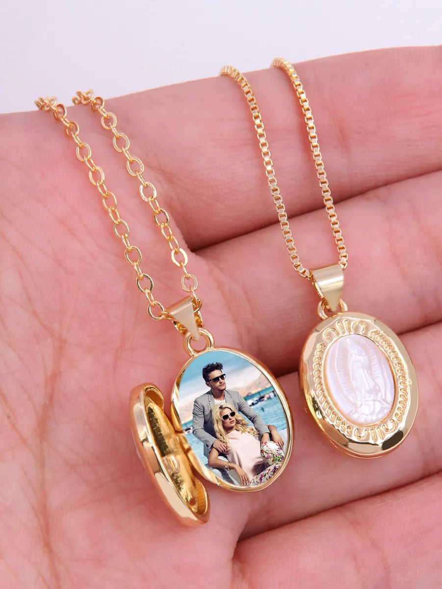 Adjustable pendant necklaces for women -Vintage Style Oval Copper Plating Inlay Carving Shell 18k Gold Plated Pendant Necklace