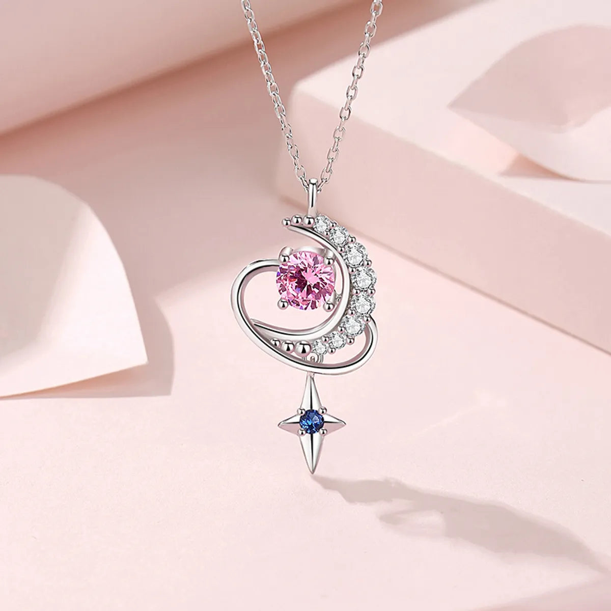 Short necklaces for women -Ig Style Shiny Star Moon Sterling Silver Polishing Plating Inlay Zircon Pendant Necklace