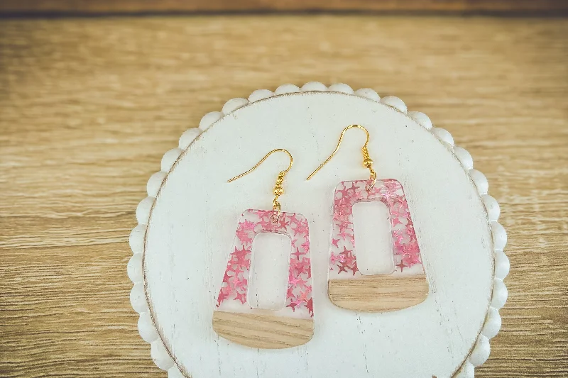 Silver earrings for women -Beautiful Wood and Pink Fleck Resin Earrings