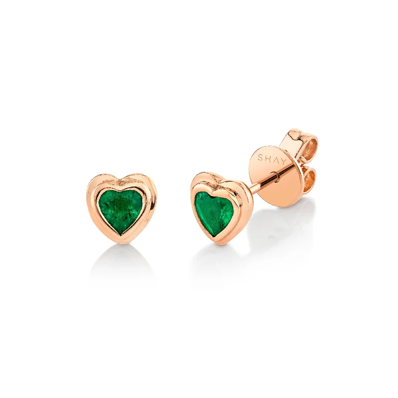 Romantic earrings for women -READY TO SHIP EMERALD BEZEL HEART STUDS