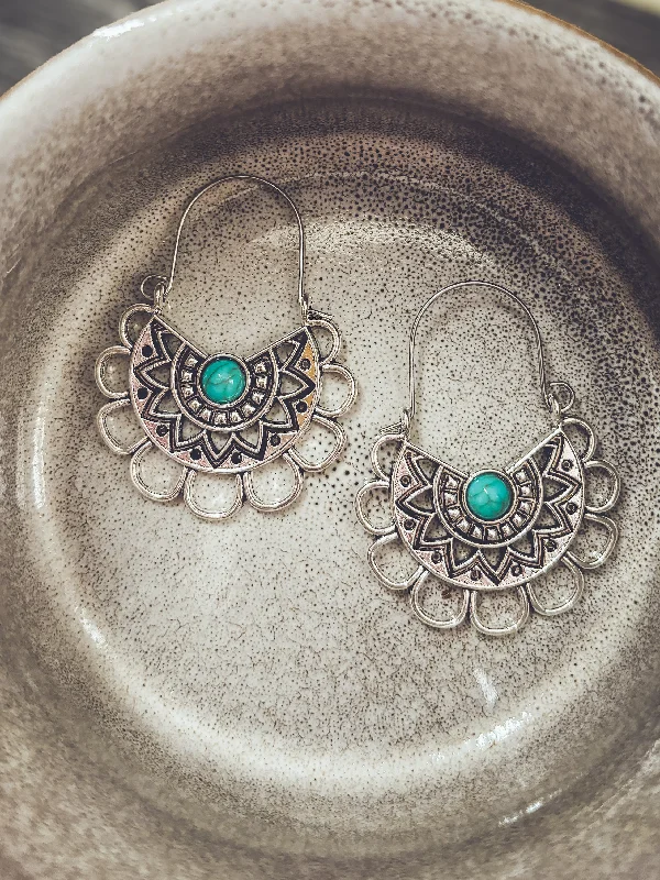 Silver flower earrings for women -Beautiful Turquoise and Silver Boho Earrings