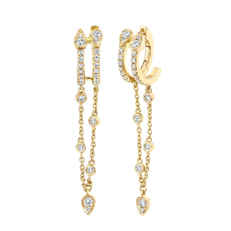 Drop earrings for women -DIAMOND DOUBLE  FRINGE PEAR DROP HUGGIES