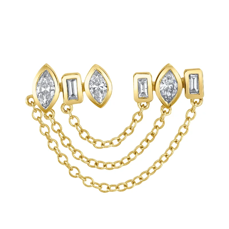 Vintage-inspired earrings for women -MIXED DIAMOND DUO CHAIN LINK STUD