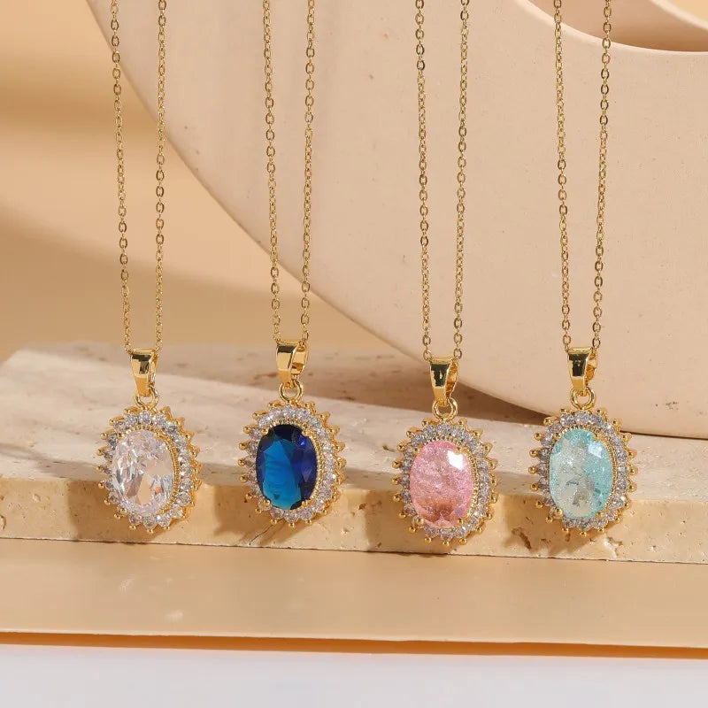 Bohemian necklaces for women -Elegant Classic Style Oval Copper Plating Inlay Zircon 14k Gold Plated Pendant Necklace