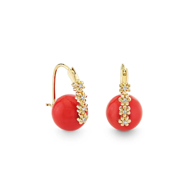 Pearl earrings for women -Gold & Diamond Tiny Daisy Coral Earrings