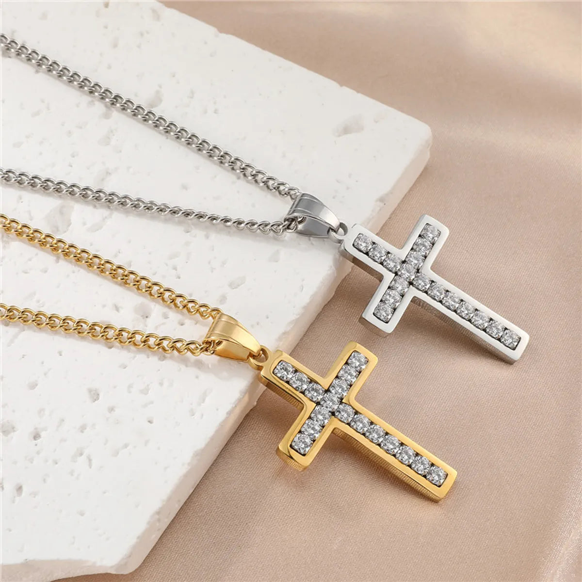 Birthstone pendant necklaces for women -Hip-Hop Simple Style Cross Stainless Steel Plating Inlay Zircon Gold Plated Men'S Pendant Necklace