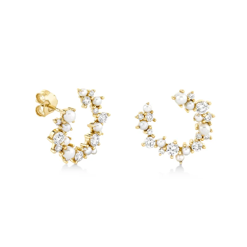 Gemstone stud earrings for women -Gold & Diamond Pearl Wrap Hoop Earrings