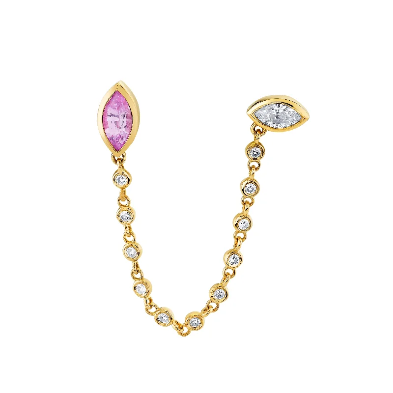 Pearl earrings for women -PINK SAPPHIRE & DIAMOND DUO CHAIN LINK STUD