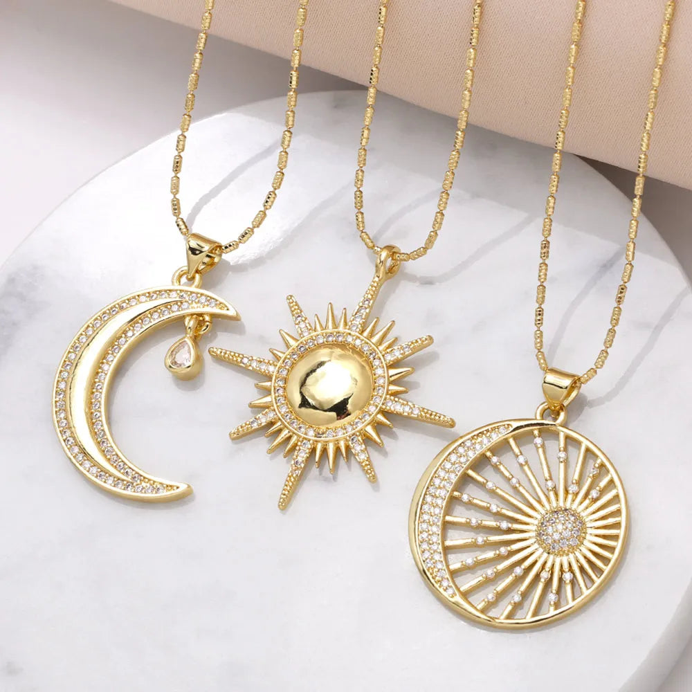 Women's necklaces online shop -Copper 18K Gold Plated Modern Style Simple Style Plating Inlay Sun Moon Zircon Pendant Necklace