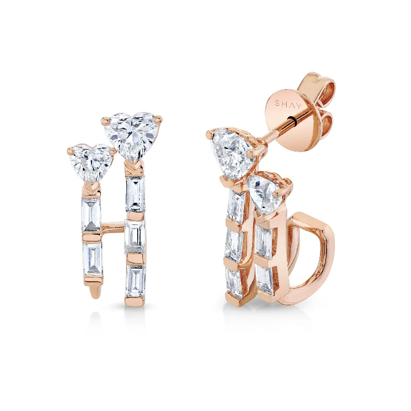 Fashionable earrings for women -READY TO SHIP DIAMOND DOUBLE HEART & BAGUETTE STICK STUDS