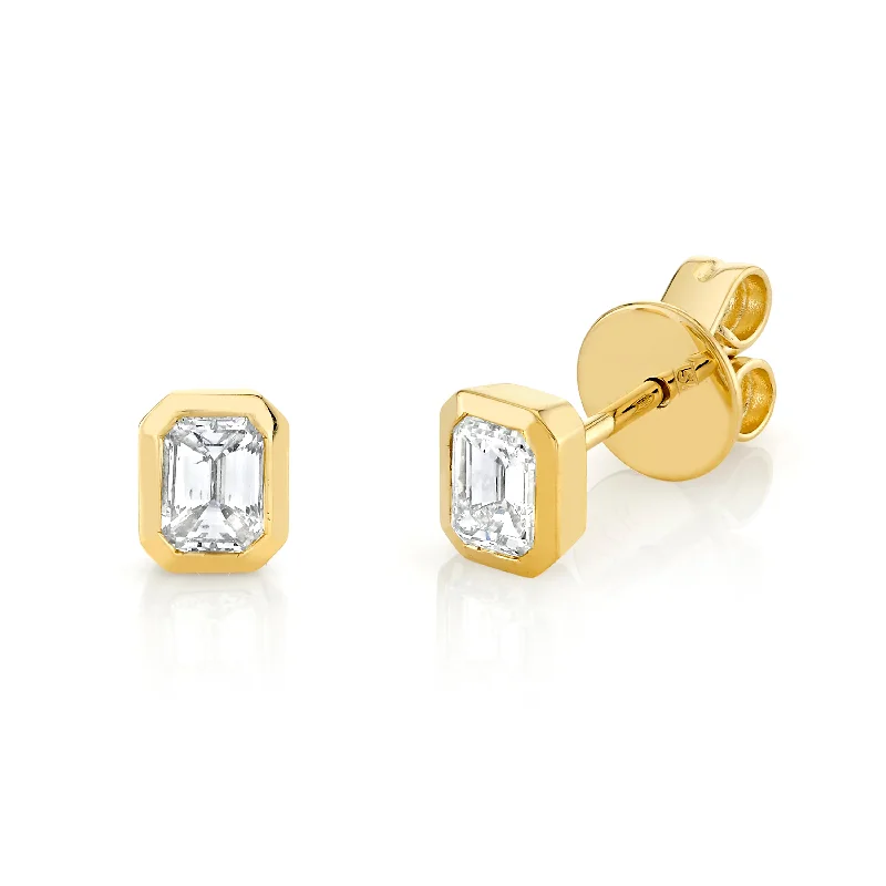 Gold stud earrings for women -READY TO SHIP DIAMOND EMERALD CUT BEZEL STUDS