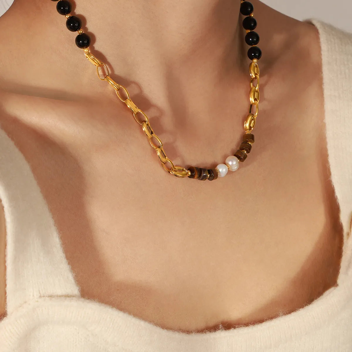 Double-strand necklaces for women -Elegant Vintage Style Geometric Titanium Steel Beaded Plating Inlay Freshwater Pearl Agate Tiger Eye 18k Gold Plated Necklace