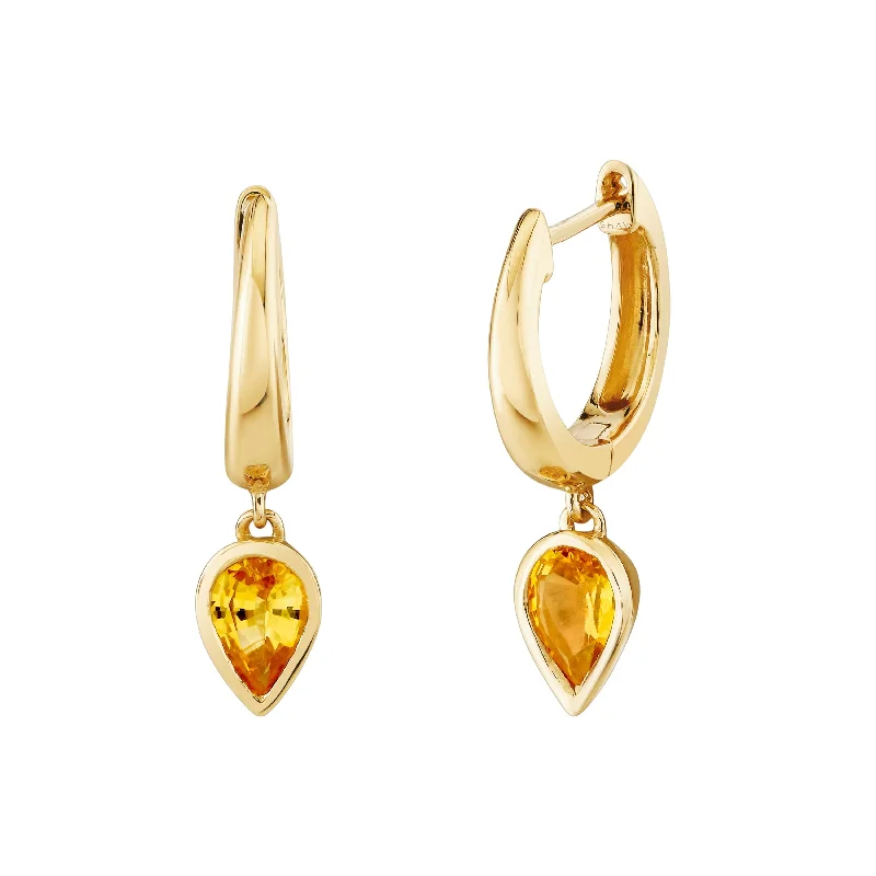 Fashion gold earrings for women -YELLOW SAPPHIRE PEAR DROP HUGGIES