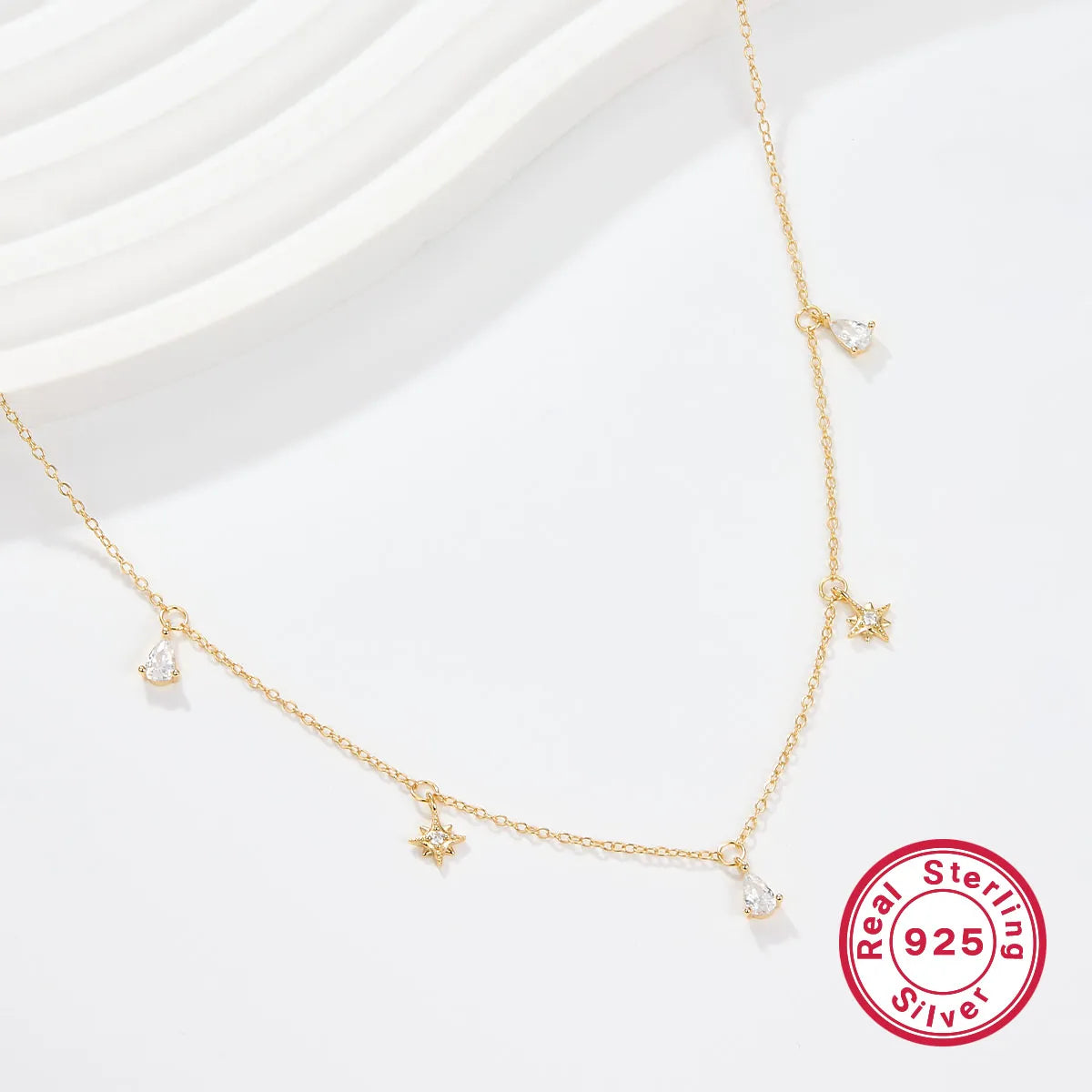 Boho necklaces for women -Elegant Star Water Droplets Sterling Silver Inlay Zircon 18k Gold Plated Necklace