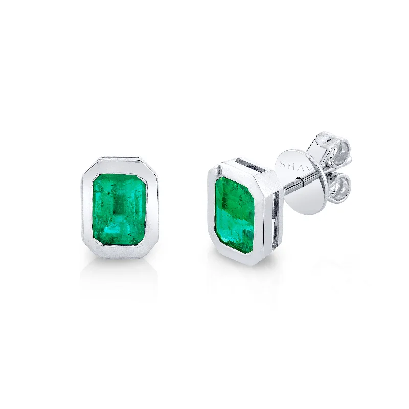 Fine diamond earrings for women -EMERALD BEZEL SET STUDS