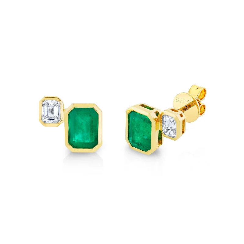 Sparkly hoop earrings for women -EMERALD BEZEL SET TWO STEP STUDS