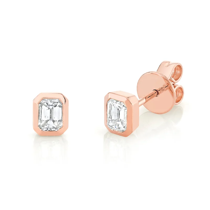 Birthstone earrings for women -DIAMOND EMERALD CUT BEZEL STUDS